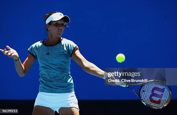 Laura Robson of Great Britain plays a forehand in her third round juniors match against Cristina Dinu of Romania during day ten of the 2010...