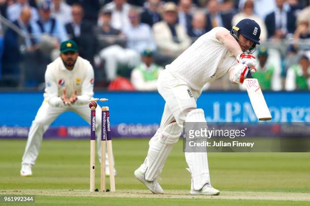 Mark Stoneman of England is bowled by Mohammad Abbas of Pakistan during the NatWest 1st Test match between England and Pakistan at Lord's Cricket...