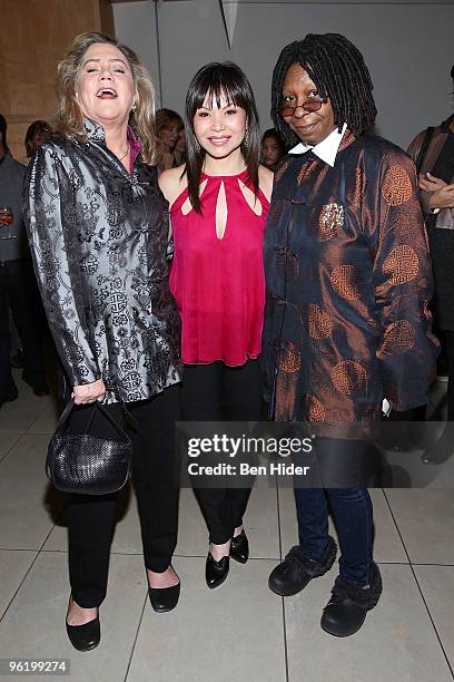 Actresses Kathleen Turner, Fay Ann Lee and Whoopi Goldberg attend the premiere of "Falling For Grace" at the Asia Society on January 26, 2010 in New...