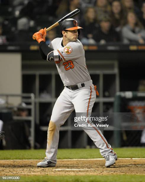 Joey Rickard of the Baltimore Orioles bats against the Chicago White Sox on May 21, 2018 at Guaranteed Rate Field in Chicago, Illinois. Joey Rickard