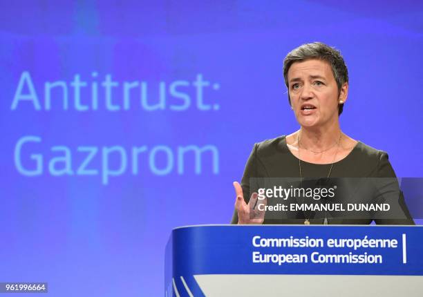 Competition Commissioner Margrethe Vestager gives a press conference at the European Commission in Brussels on May 24, 2018. - The EU on May 24...