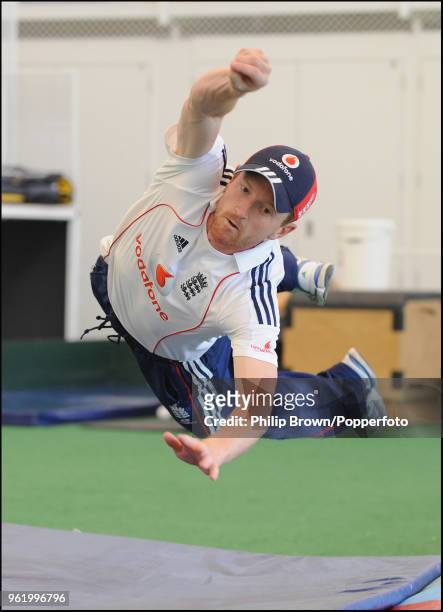 Paul Collingwood of England dives to try and take a catch during training at the National Cricket Performance Centre, Loughborough before the 3rd...