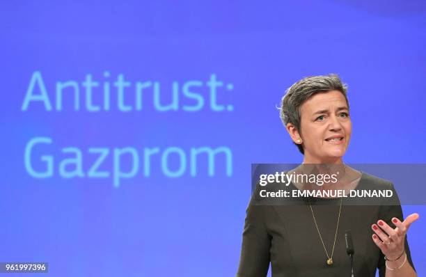 Competition Commissioner Margrethe Vestager gives a press conference at the European Commission in Brussels on May 24, 2018. - The EU on May 24...