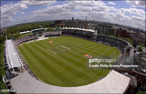 Aerial view of the ground from above the Warner Stand during the 1st Test match between England and New Zealand at Lord's Cricket Ground, London,...