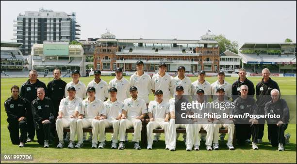 The New Zealand players and coaching staff line up for a team photograph before the 1st Test match between England and New Zealand at Lord's Cricket...