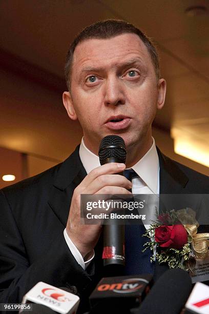 Oleg Deripaska, chief executive officer of United Co. Rusal Ltd., speaks during the company's listing ceremony on the Hong Kong Exchanges & Clearing...