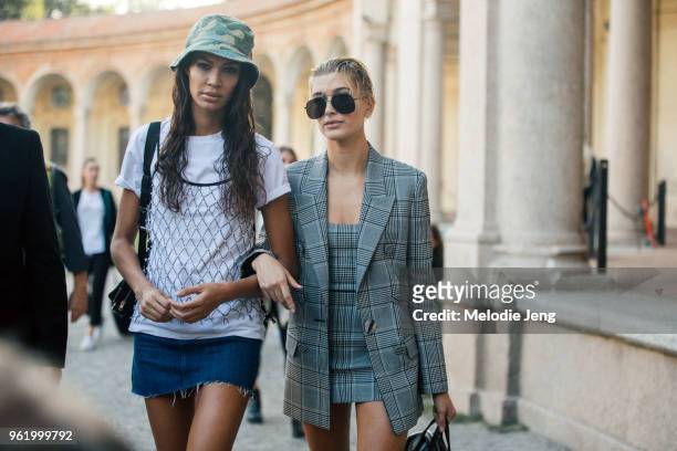 Models Joan Smalls and Hailey Balwin after the Alberta Ferretti show during Milan Fashion Week Spring/Summer 2018 on September 20, 2017 in Milan,...