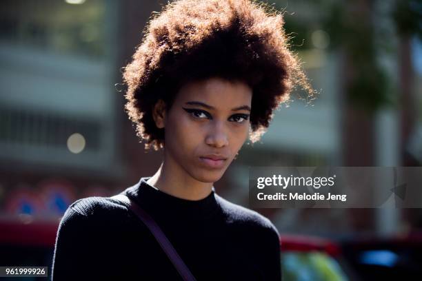 Model Manuela Sanchez after the Fendi show in cateye makeup during Milan Fashion Week Spring/Summer 2018 on September 21, 2017 in Milan, Italy.