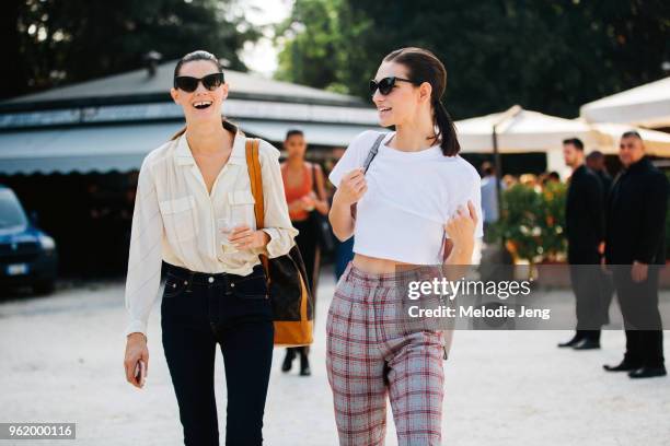 Models Leila Goldkuhl, McKenna Hellam exit the Cavalli show during Milan Fashion Week Spring/Summer 2018 on September 22, 2017 in Milan, Italy. Leila...