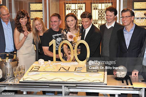 The cast and executives of the television show "Bones" including Emily Deschanel and David Boreanaz attend the 100th Episode Celebration at Fox...