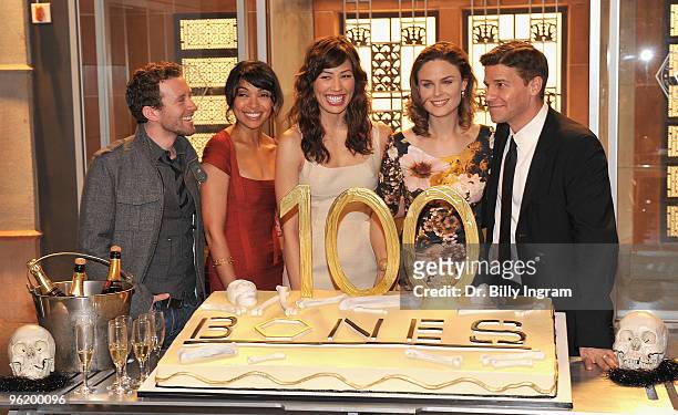 The cast of the television show 'Bones', T.J. Thyne, Tamara Taylor, Michaela Conlin, Emily Deschanel, and David Boreanaz attend the "Bones" 100th...