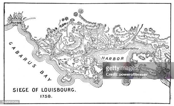 stockillustraties, clipart, cartoons en iconen met antieke kaart van het beleg van louisbourg - 18e eeuw - louisbourg