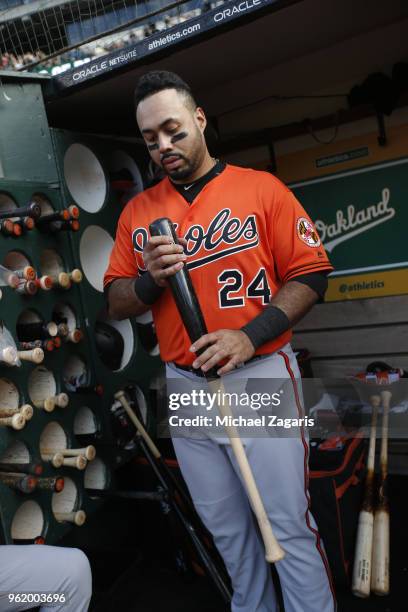 Pedro Alvarez of the Baltimore Orioles stands in the dugout prior to the game against the Oakland Athletics at the Oakland Alameda Coliseum on May 5,...