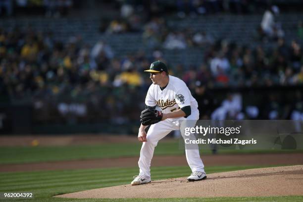 Trevor Cahill of the Oakland Athletics pitches during the game against the Baltimore Orioles at the Oakland Alameda Coliseum on May 5, 2018 in...