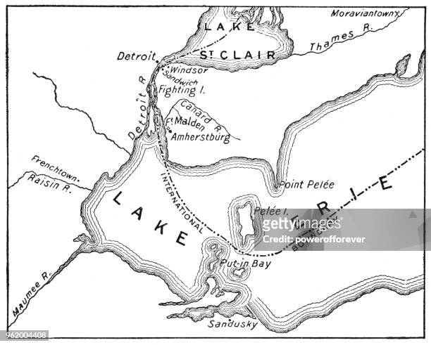 1812年戰爭期間底特律地區的古色古香的地圖-第十九世紀 - lake erie 幅插畫檔、美工圖案、卡通及圖標