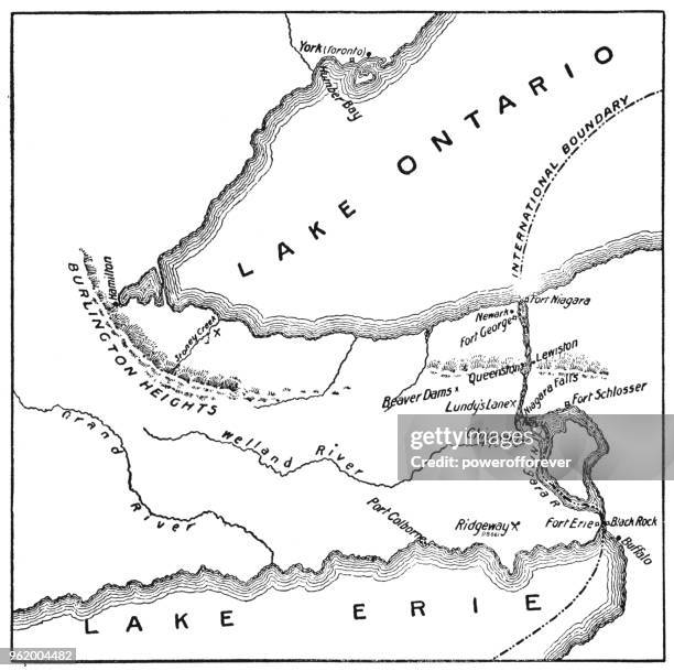 antique map of niagara river area during the war of 1812 - 19th century - niagara falls city ontario stock illustrations