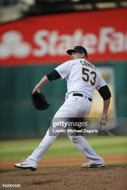 Trevor Cahill of the Oakland Athletics pitches during the game against the Baltimore Orioles at the Oakland Alameda Coliseum on May 5, 2018 in...