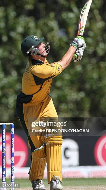 Australian Mitchell march takes a ball to the groin during the Australia vs Sri Lanka semi-final match of the Under19 Cricket World Cup tournament in...