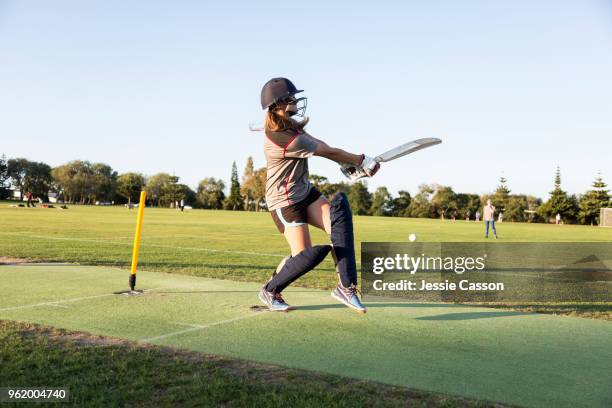 a female crickets bats on a sports field in the evening light - cricket stock-fotos und bilder