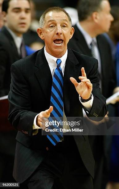 Head coach Jeff Reynolds of the Air Force Falcons directs his team enroute to a 60-50 loss to the UNLV Rebels at the Thomas & Mack Center January 26,...