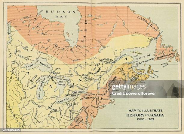 antique map of canada from the 16th to 18th century - newfoundland and labrador stock illustrations