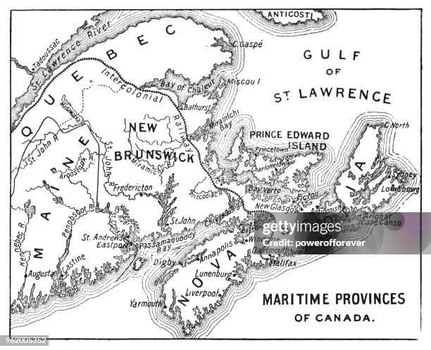ilustraciones, imágenes clip art, dibujos animados e iconos de stock de mapa antiguo de las provincias marítimas de canadá - siglo xix - océano atlántico del norte