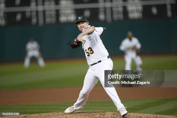 Trevor Cahill of the Oakland Athletics pitches during the game against the Baltimore Orioles at the Oakland Alameda Coliseum on May 5, 2018 in...