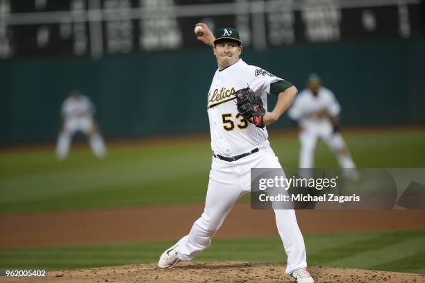 Trevor Cahill of the Oakland Athletics pitches during the game against the Baltimore Orioles at the Oakland Alameda Coliseum on May 5, 2018 in...