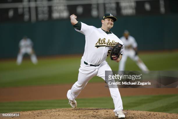 Trevor Cahill of the Oakland Athletics pitches during the game against the Baltimore Orioles at the Oakland Alameda Coliseum on May 5, 2018 in...