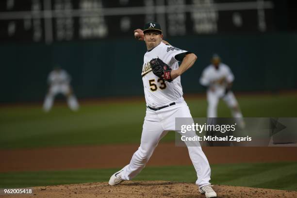 Trevor Cahill of the Oakland Athletics pitches during the game against the Baltimore Orioles at the Oakland Alameda Coliseum on May 5, 2018 in...