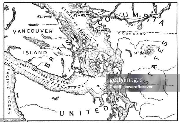 antique map of the san juan islands - 19th century - vancouver stock illustrations