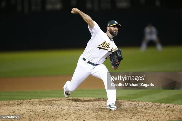 Chris Hatcher of the Oakland Athletics pitches during the game against the Baltimore Orioles at the Oakland Alameda Coliseum on May 5, 2018 in...