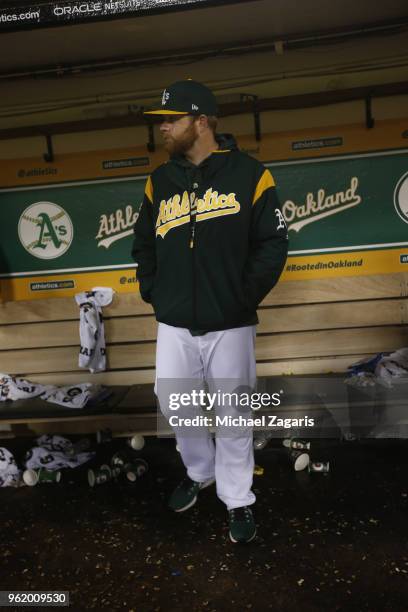 Brett Anderson of the Oakland Athletics stands in the dugout during the game against the Baltimore Orioles at the Oakland Alameda Coliseum on May 5,...