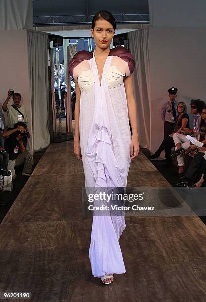 Model walks the runway wearing Abit by Erika Ikesili during the first day of Colombiatex De Las Americas 2010 at Plaza Mayor on January 26, 2010 in...