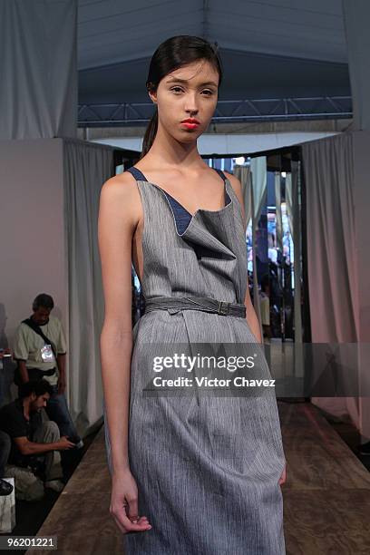 Model walks the runway wearing Abit by Erika Ikesili during the first day of Colombiatex De Las Americas 2010 at Plaza Mayor on January 26, 2010 in...