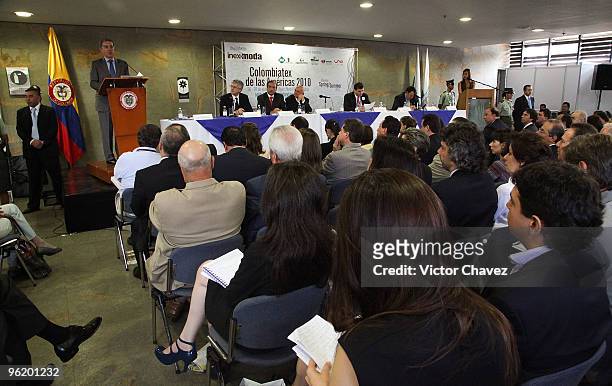 Colombian President Alvaro Uribe speaks during the first day of Colombiatex De Las Americas 2010 at Plaza Mayor on January 26, 2010 in Medellin,...