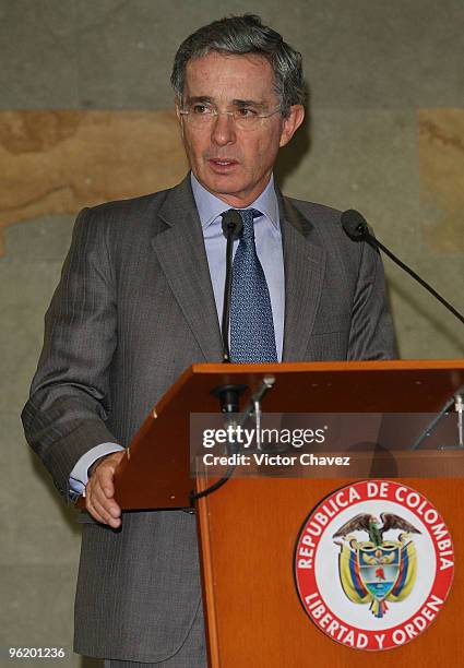 Colombian President Alvaro Uribe speaks during the first day of Colombiatex De Las Americas 2010 at Plaza Mayor on January 26, 2010 in Medellin,...