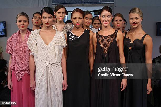 Models walk the runway wearing Abit by Erika Ikesili during the first day of Colombiatex De Las Americas 2010 at Plaza Mayor on January 26, 2010 in...