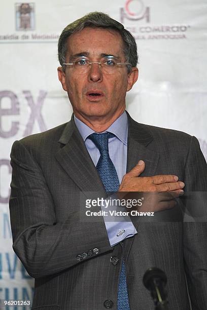 Colombian President Alvaro Uribe speaks during the first day of Colombiatex De Las Americas 2010 at Plaza Mayor on January 26, 2010 in Medellin,...