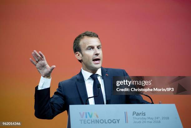 French president Emmanuel Macron attends the Viva Tech start-up and technology gathering at Parc des Expositions Porte de Versailles on May 24, 2018...