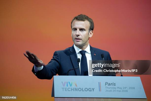 French president Emmanuel Macron attends the Viva Tech start-up and technology gathering at Parc des Expositions Porte de Versailles on May 24, 2018...