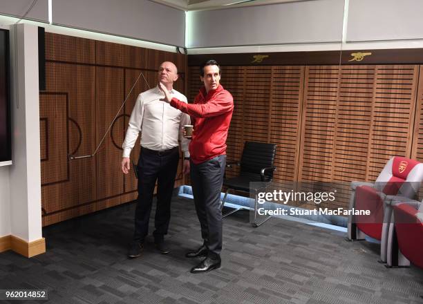 Head Coach Unai Emery with Head Of Facilities Sean O'Connor at the Arsenal Training Ground at London Colney on May 24, 2018 in St Albans, England.