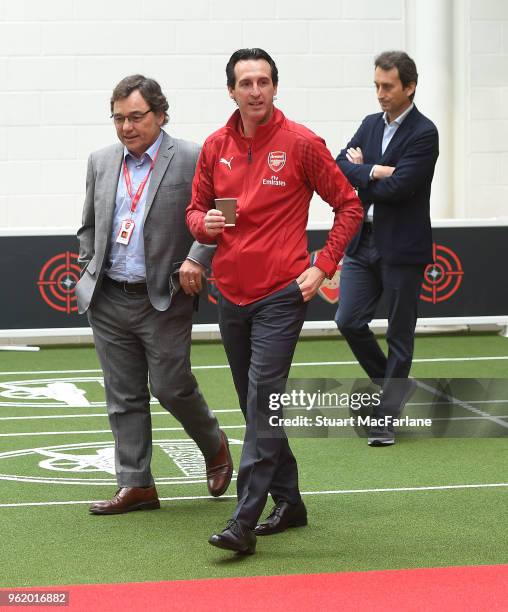 Arsenal Head Coach Unai Emery with Head Of Football Relations Raul Sanllehi. Arsenal Training Ground at London Colney on May 24, 2018 in St Albans,...