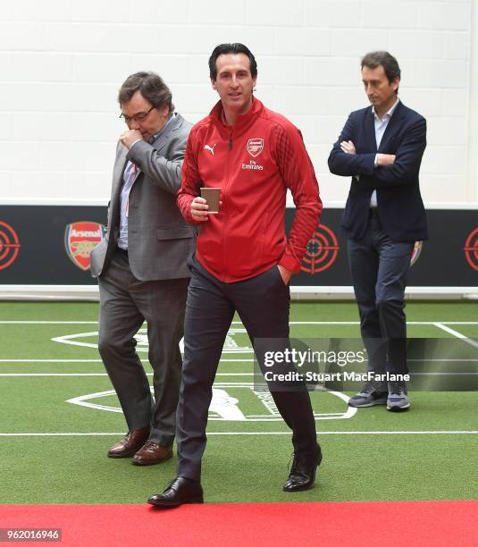 Arsenal Head Coach Unai Emery with Head Of Football Relations Raul Sanllehi. Arsenal Training Ground at London Colney on May 24, 2018 in St Albans,...