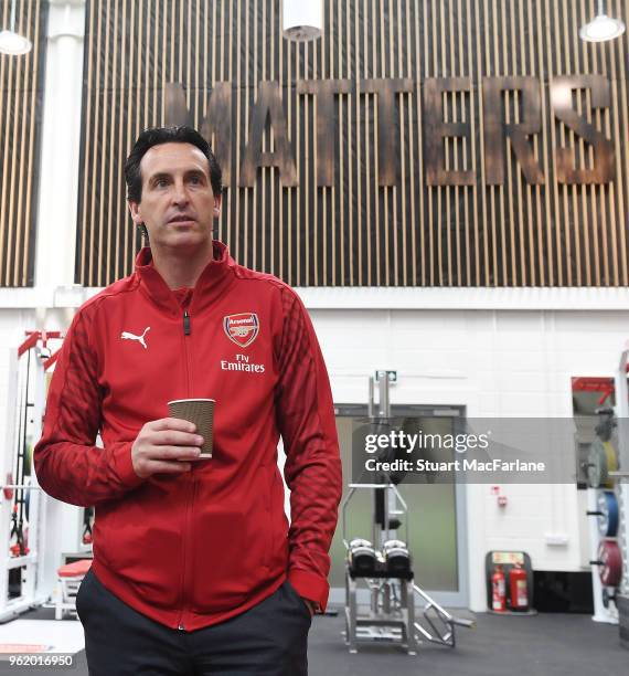 Head Coach Unai Emery at the Arsenal Training Ground at London Colney on May 24, 2018 in St Albans, England.