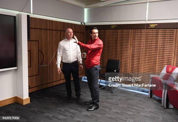 Head Coach Unai Emery with Head Of Facilities Sean O'Connor at the Arsenal Training Ground at London Colney on May 24, 2018 in St Albans, England.