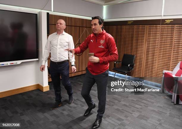 Head Coach Unai Emery with Head Of Facilities Sean O'Connor at the Arsenal Training Ground at London Colney on May 24, 2018 in St Albans, England.