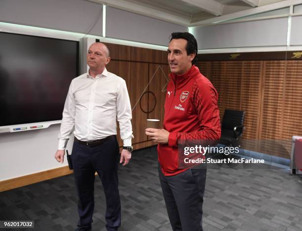 Head Coach Unai Emery with Head Of Facilities Sean O'Connor at the Arsenal Training Ground at London Colney on May 24, 2018 in St Albans, England.