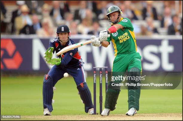 Herschelle Gibbs of South Africa hits out watched by England's wicketkeeper Matt Prior during the 4th NatWest Series One Day International between...