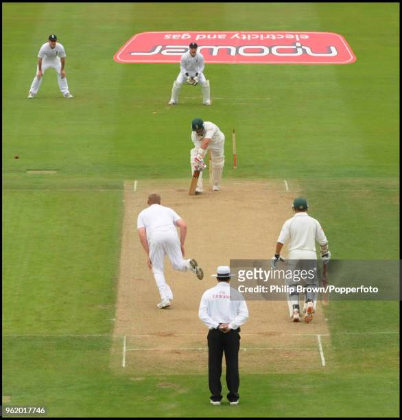 Jacques Kallis of South Africa is bowled for 64 runs by England's Andrew Flintoff during the 3rd Test match between England and South Africa at...